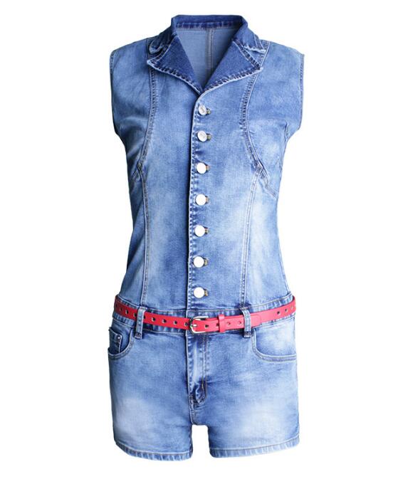 SZ60207 Womens Juniors Sexy Stretch Denim Sleeveless Short Jumpsuit with Belt